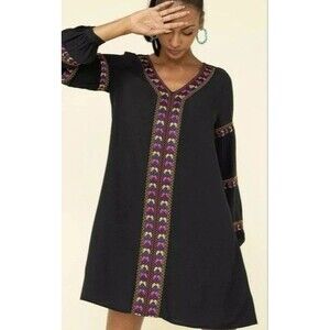 Wrangler Retro Black Embroidered V Neck Long Sleeve Dress Women’s Size S